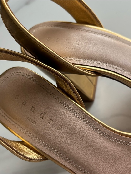 Sandro Metallic Gold Ankle-Strap Block Heel Sandals Sz 37 - Picture 5 of 9